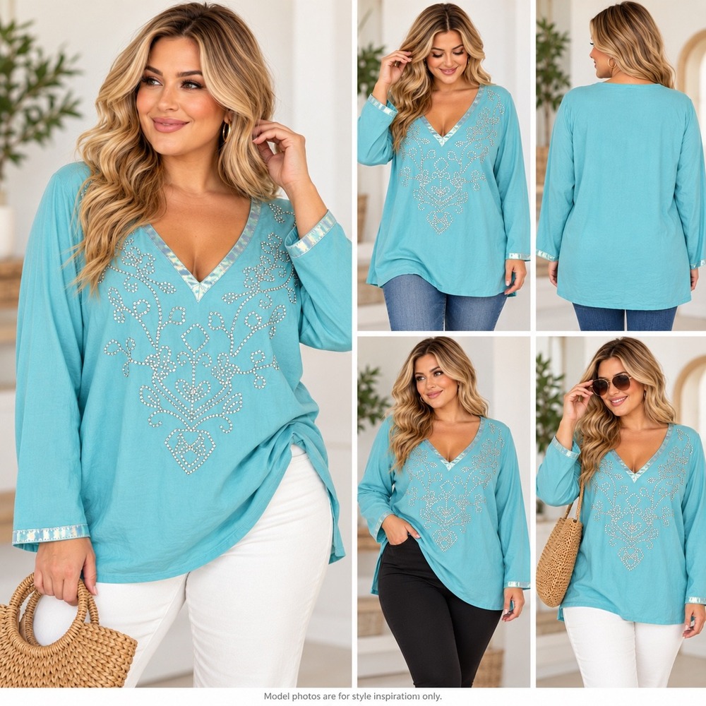 Lane Bryant Tunic Womens 22/24 Turquoise Cotton Rhinestone V Neck Boho Y2K Top